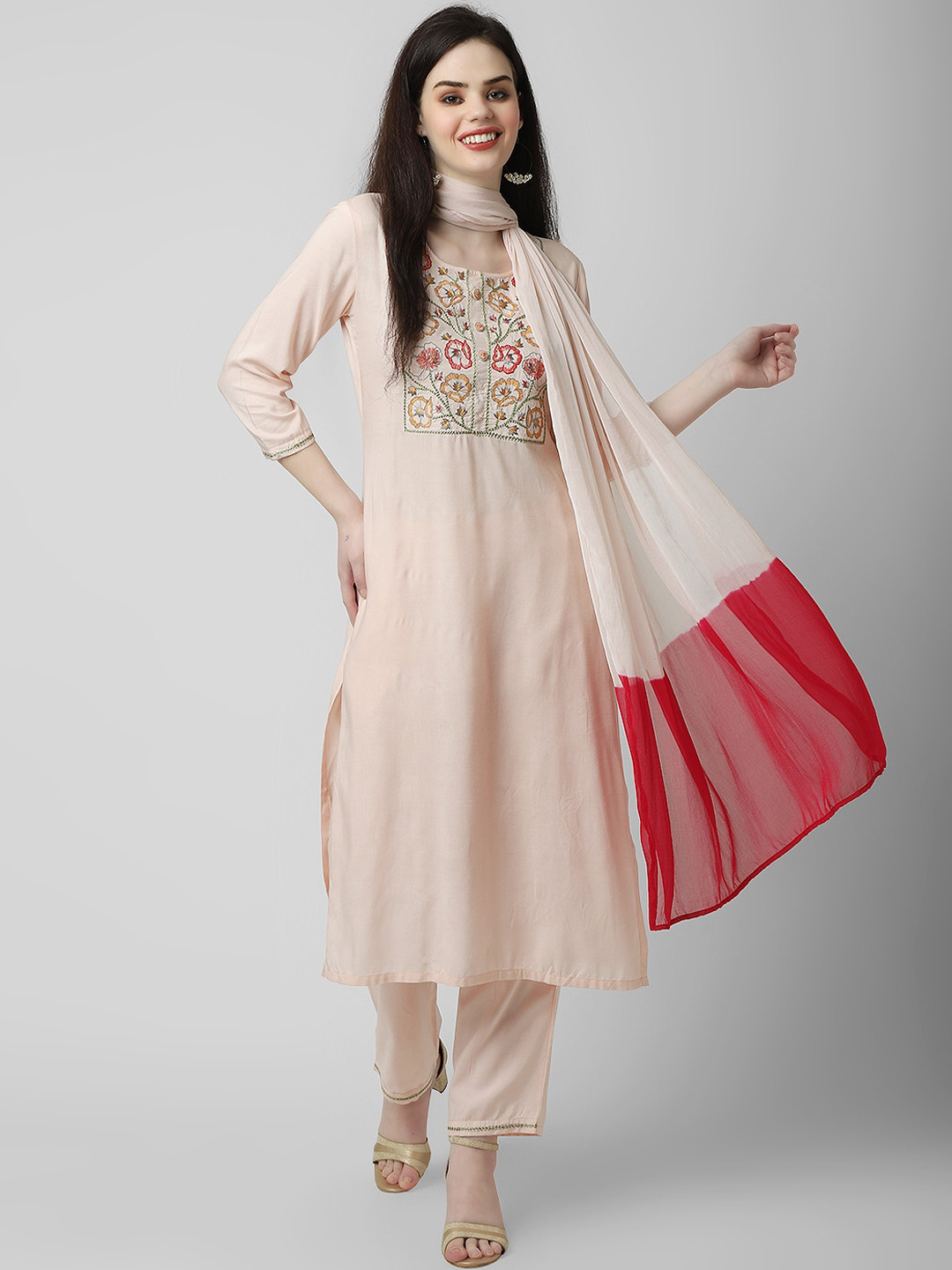 

Oash Women Ethnic Motifs Embroidered Regular Thread Work Kurta with Trousers & With Dupatta, Peach
