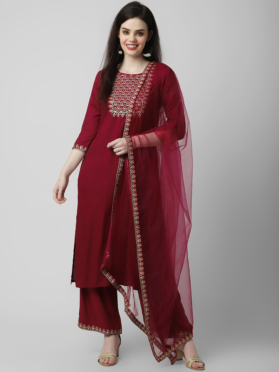 

Oash Women Ethnic Motifs Yoke Design Regular Thread Work Kurta with Palazzos & With Dupatta, Maroon