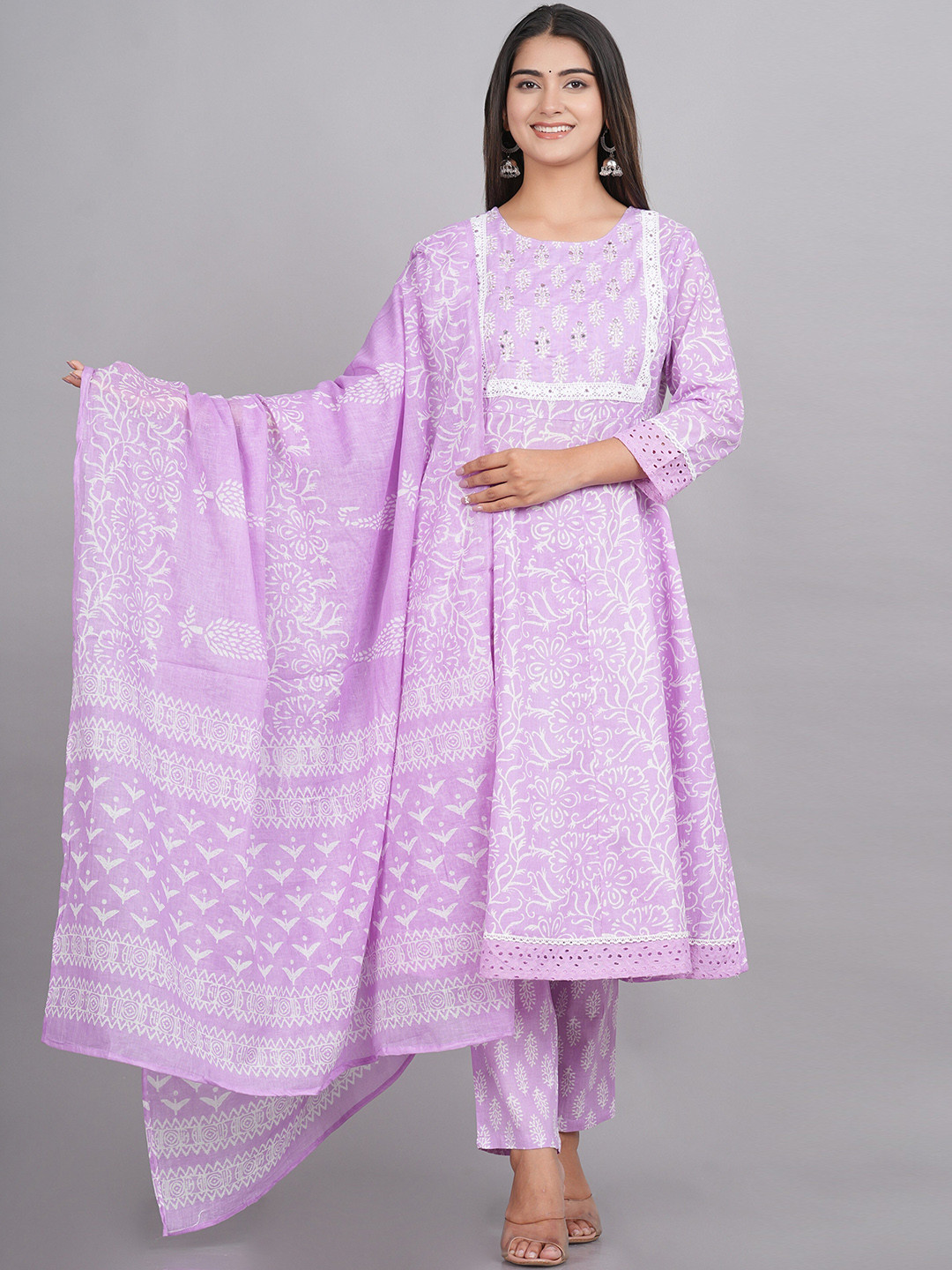 

Oash Women Ethnic Motifs Embroidered Empire Mirror Work Pure Cotton Kurta with Trousers & With Dupatta, Purple