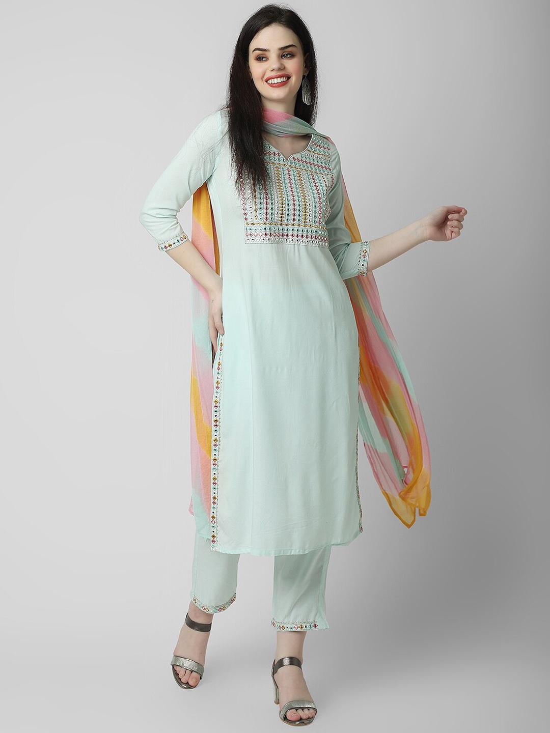 

Oash Women Ethnic Motifs Yoke Design Regular Mirror Work Kurta with Trousers & With Dupatta, Green
