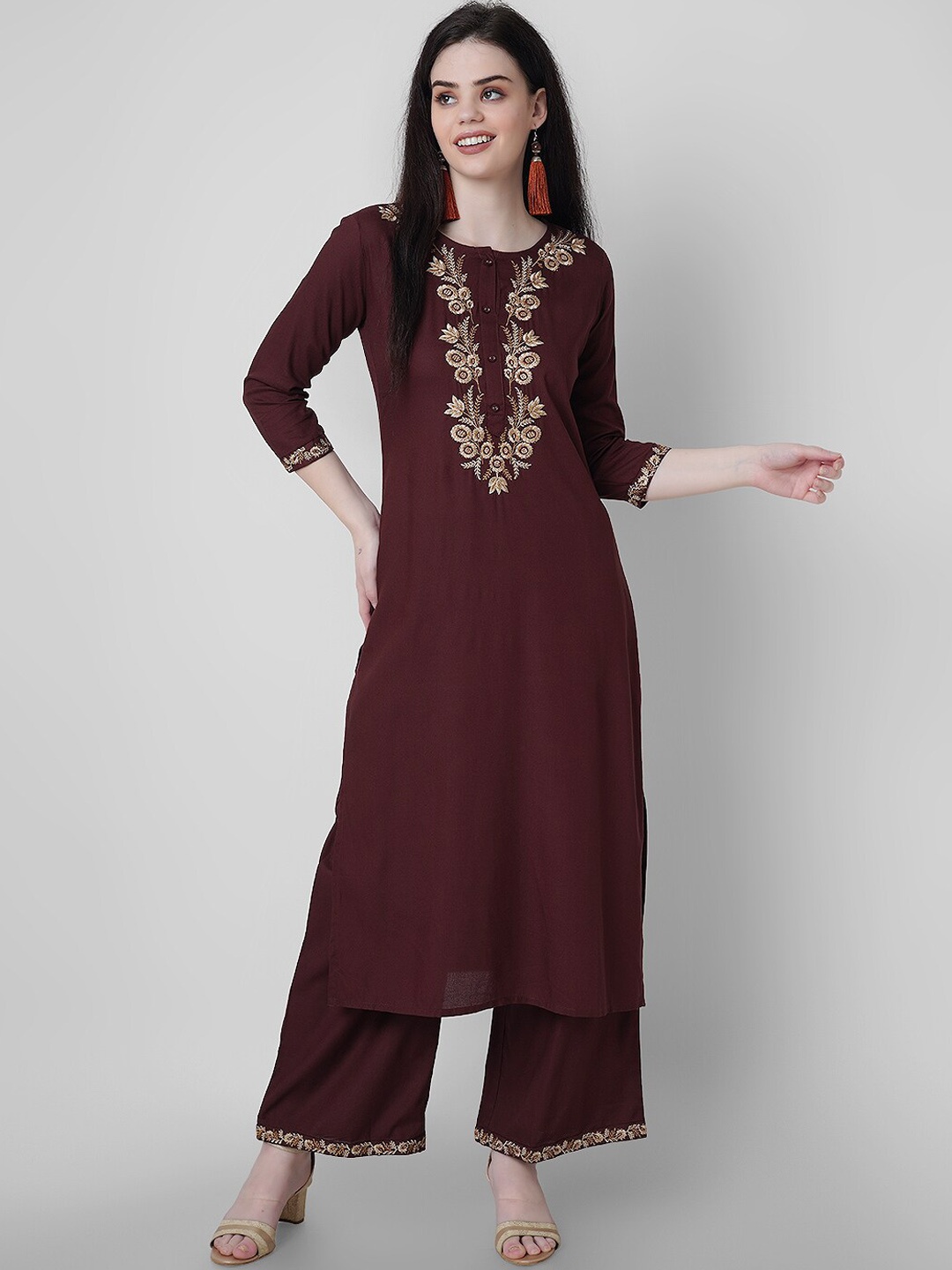 

Oash Women Ethnic Motifs Embroidered Regular Thread Work Kurta with Palazzos, Maroon