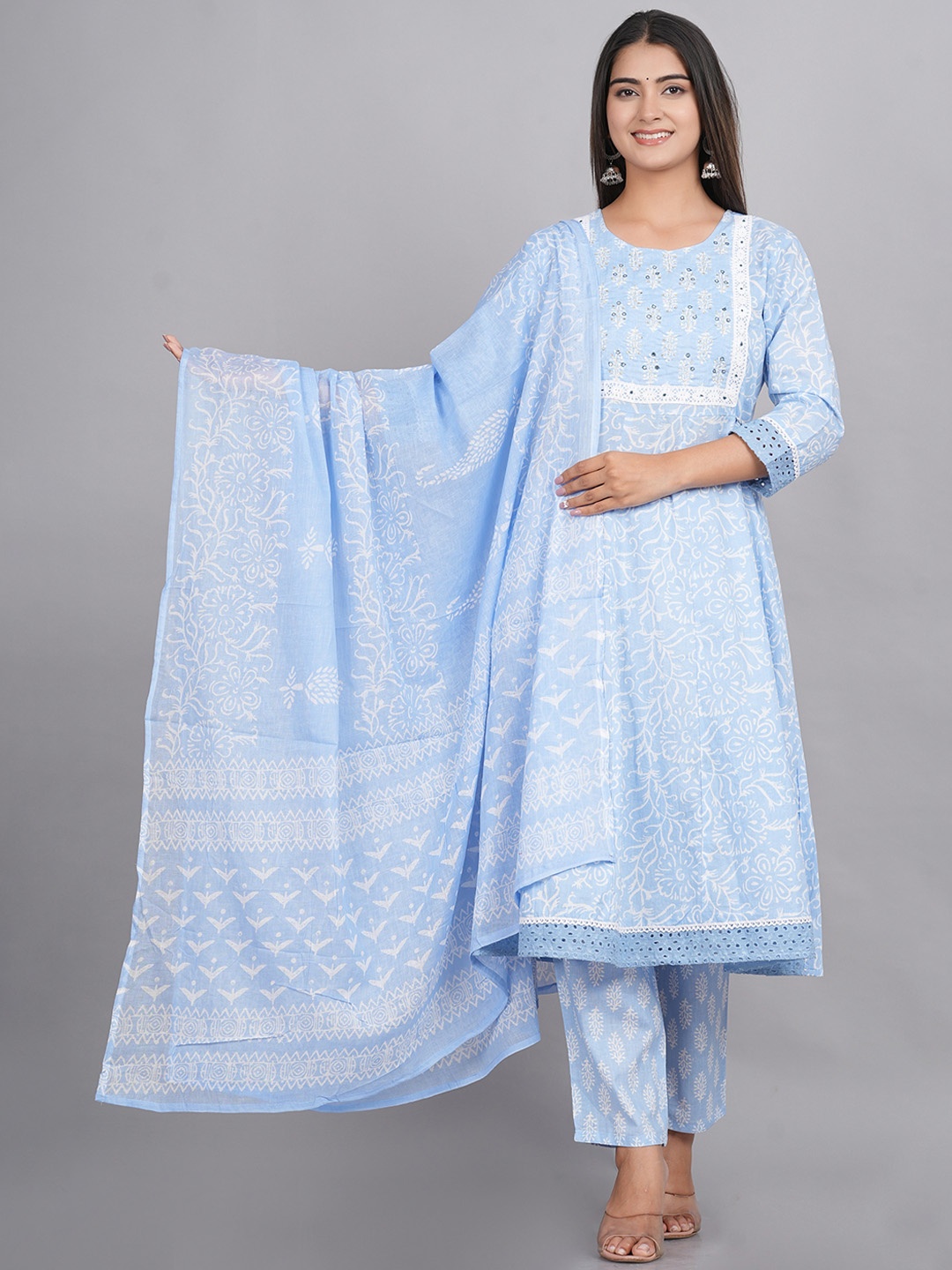 

Oash Women Ethnic Motifs Embroidered Empire Mirror Work Pure Cotton Kurta with Trousers & With Dupatta, Blue