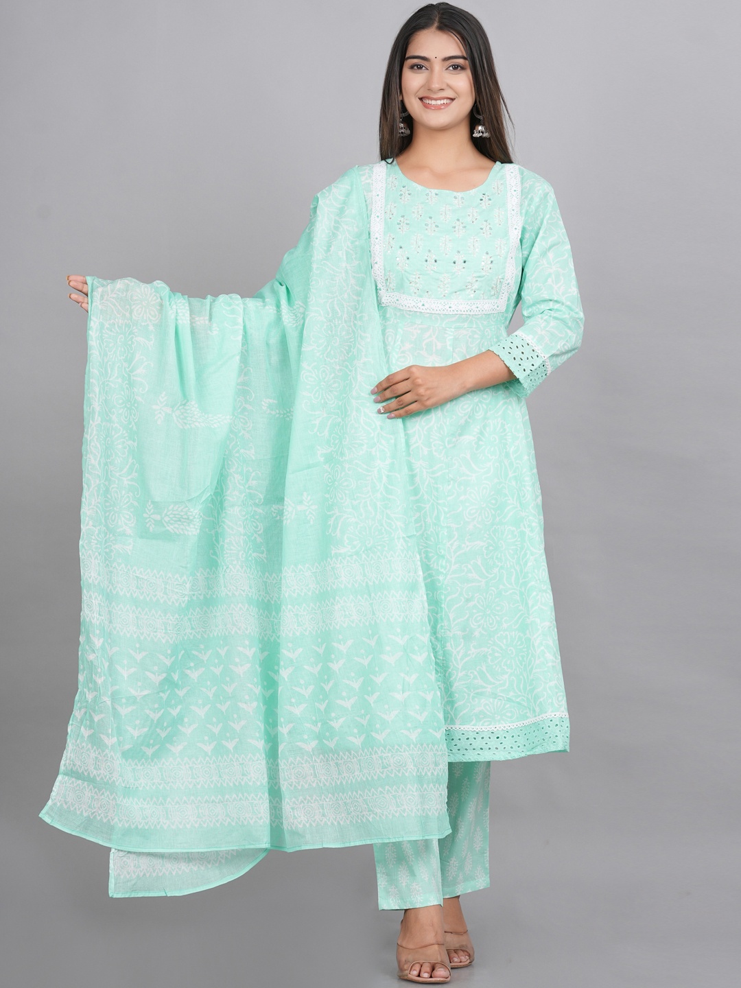 

Oash Women Ethnic Motifs Embroidered Empire Mirror Work Pure Cotton Kurta with Trousers & With Dupatta, Blue