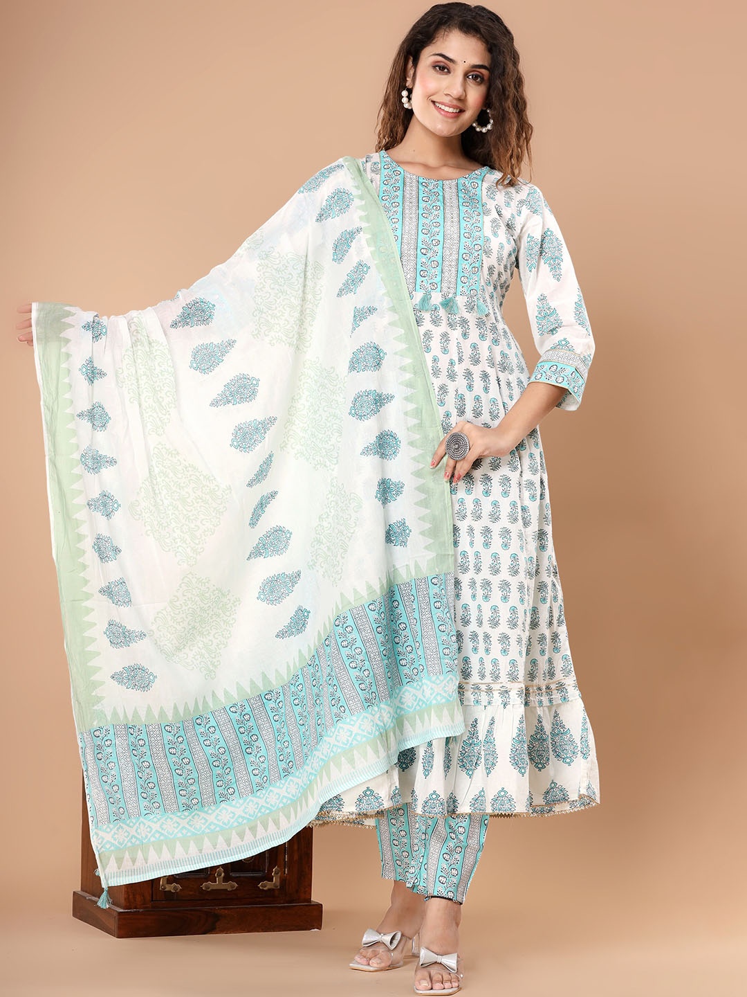 

Oash Women Ethnic Motifs Printed Regular Sequinned Pure Cotton Kurta with Trousers & With Dupatta, Blue