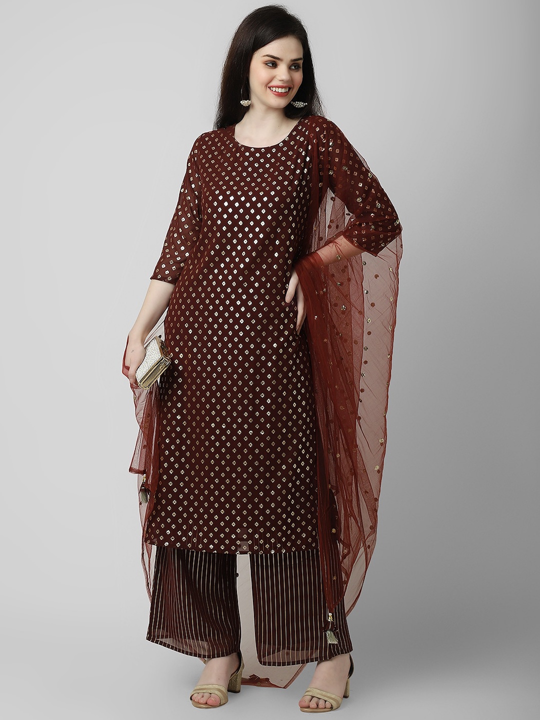 Oash Women Ethnic Motifs Printed Regular Silk Georgette Kurta with Palazzos & With Dupatta, Coffee brown