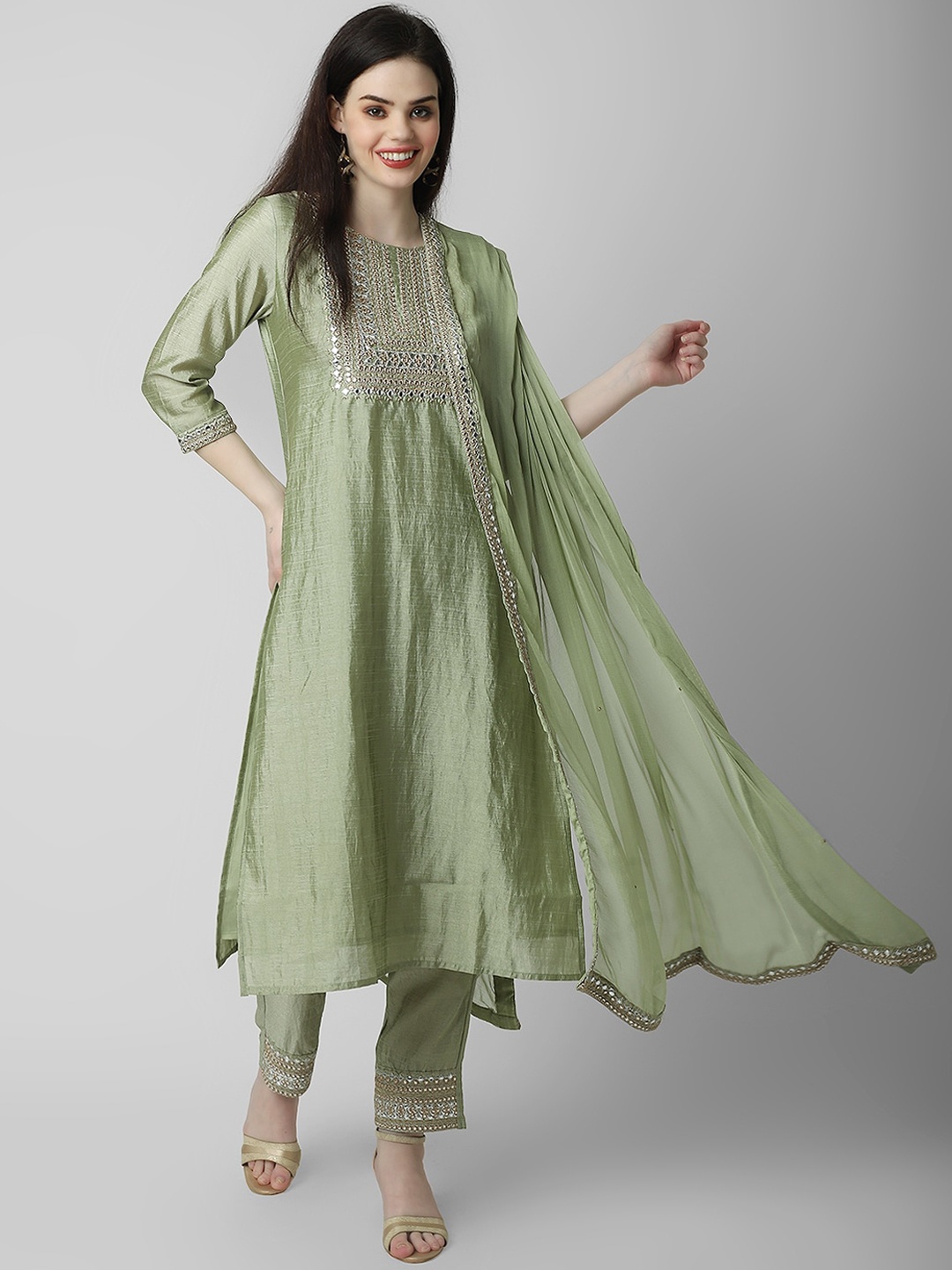 

Oash Women Ethnic Motifs Embroidered Empire Mirror Work Pure Silk Kurta with Trousers & With Dupatta, Green