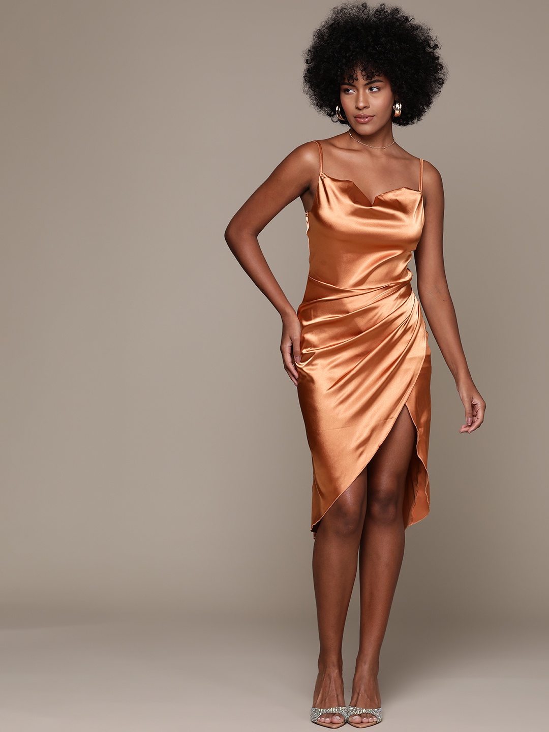 

bebe Cowl Neck Satin A-Line Midi Dress, Brown