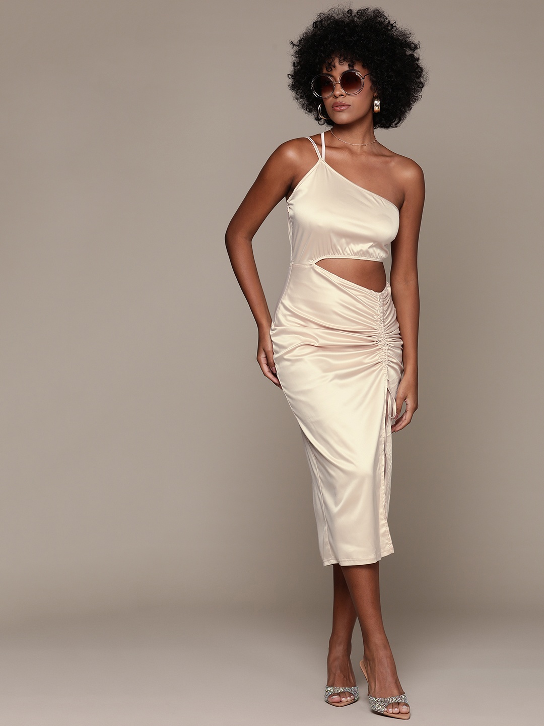 

bebe One Shoulder Ruched Satin Sheath Midi Dress, Beige