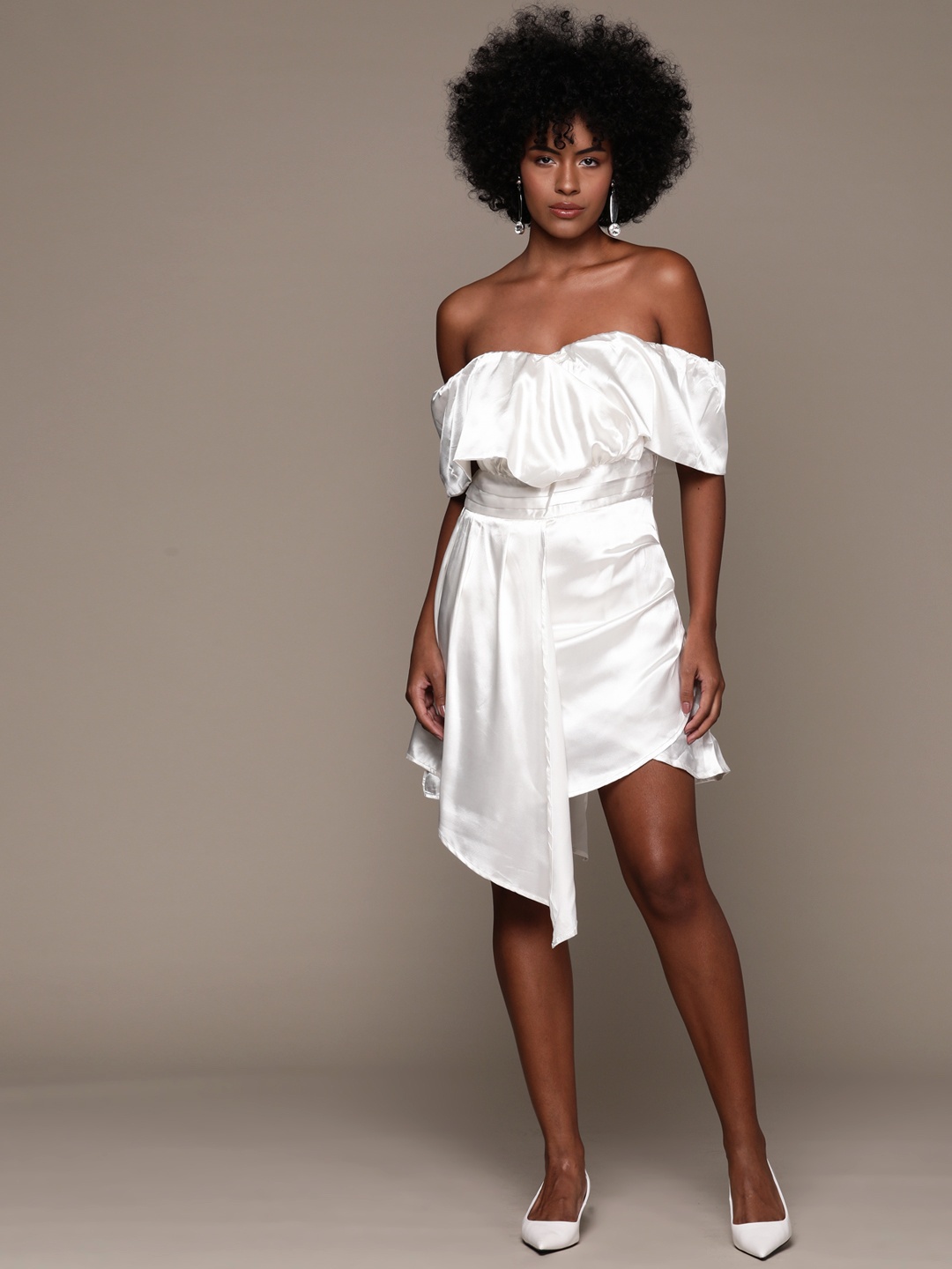 

bebe Off-Shoulder Satin A-Line Mini Dress, White