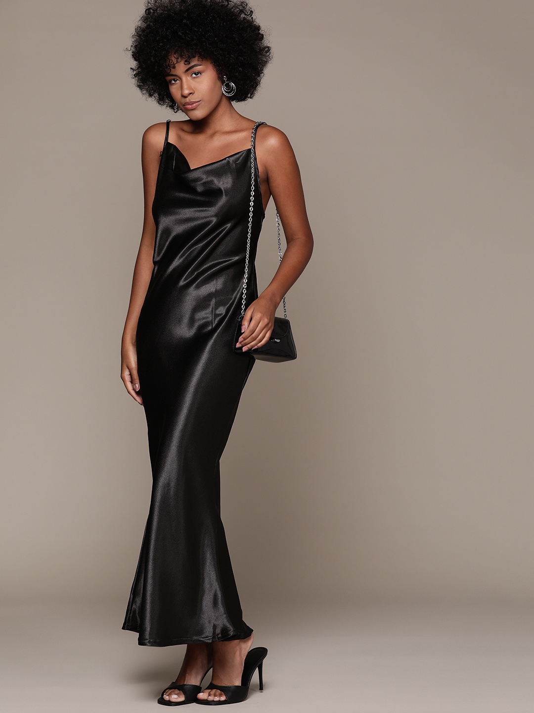 

bebe Future Glam Satin Finish Sheath Maxi Dress, Black