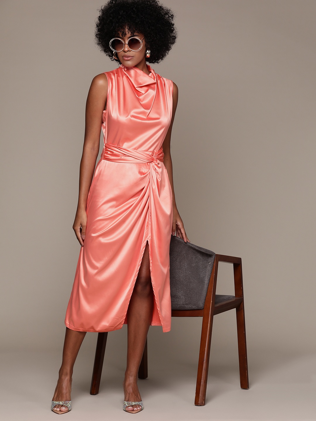 

bebe Future Glam Satin Finish High Slit Midi Dress, Peach