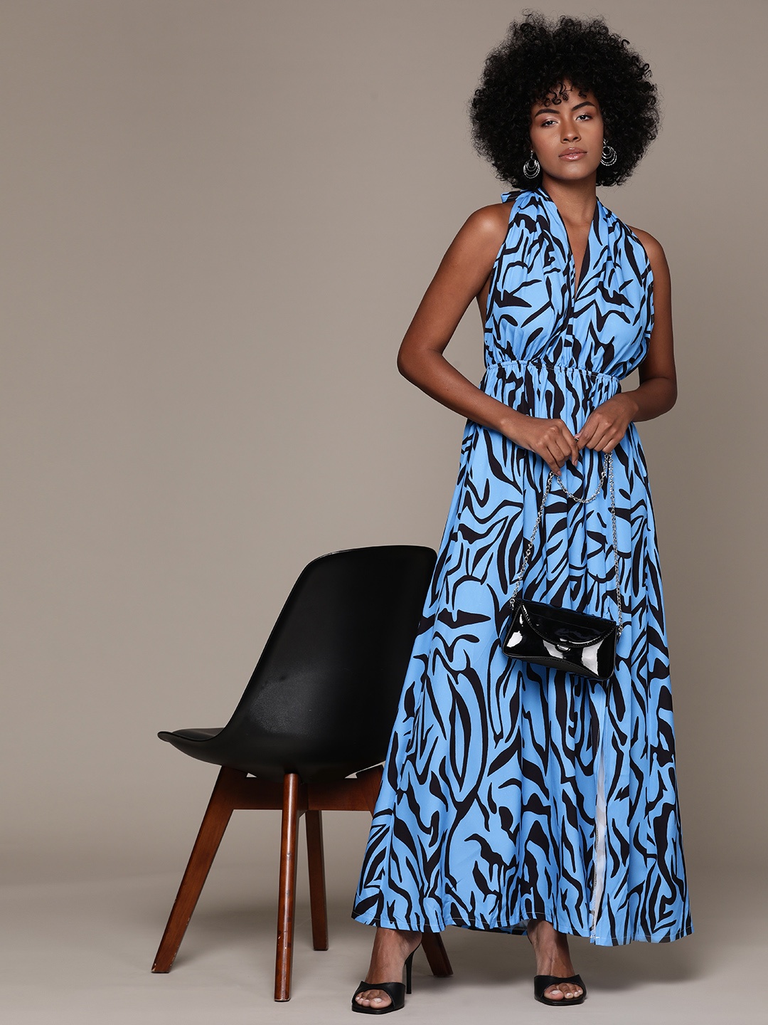 

bebe Future Glam Printed Halter Neck Style-Back Maxi Dress, Blue
