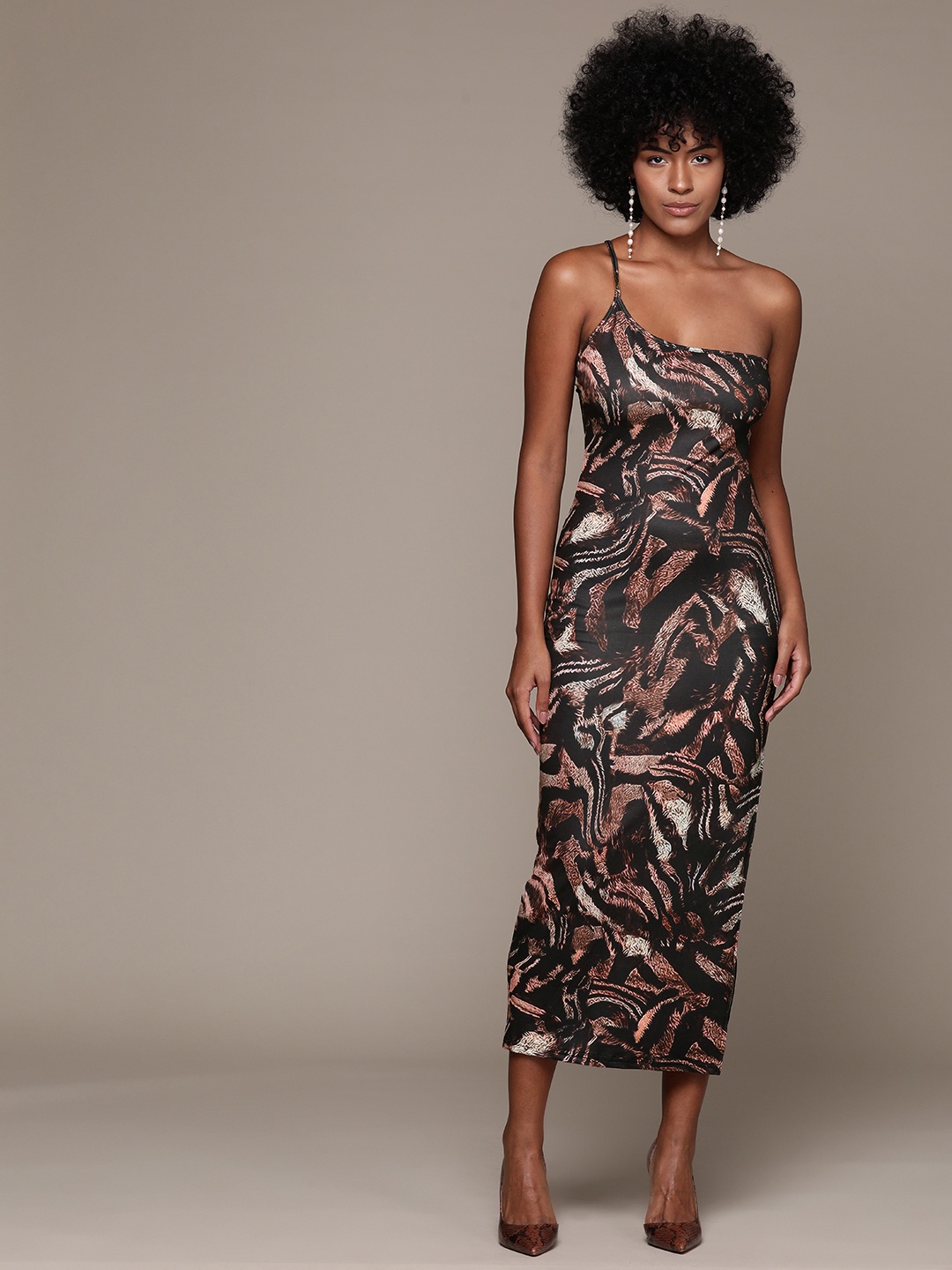 

bebe Future Glam Printed One Shoulder Sheath Midi Dress, Black