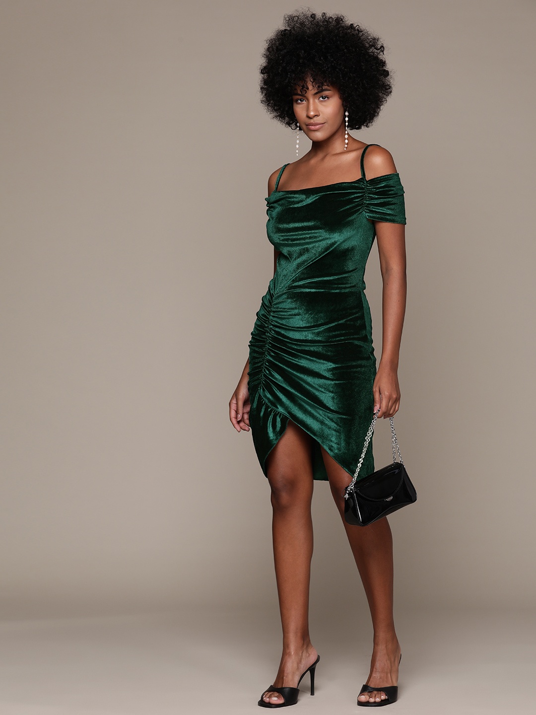 

bebe Future Glam Cold-Shoulder Sleeves Ruched Velvet Sheath Dress, Green