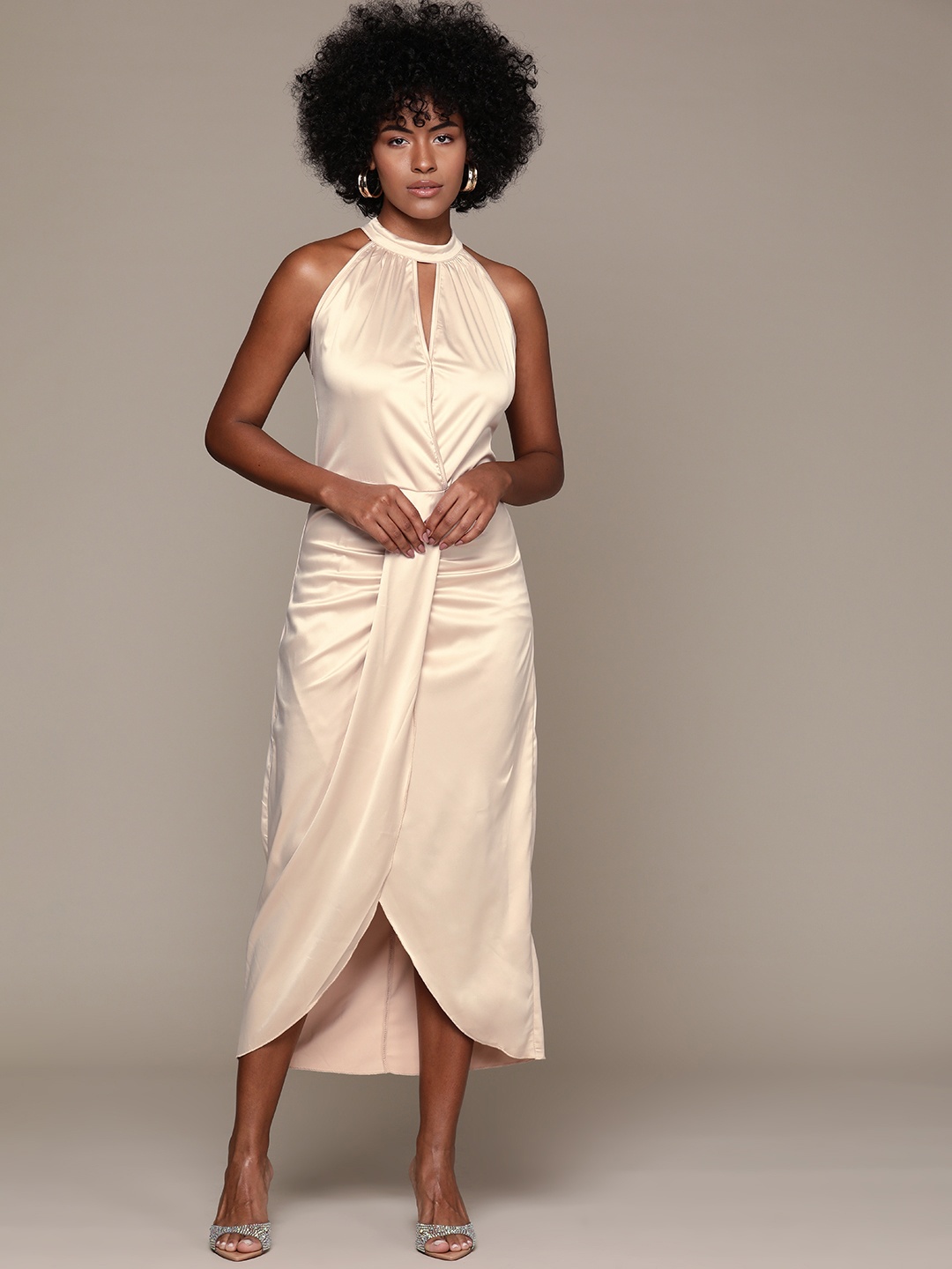 

bebe Future Glam Halter Neck Satin A-Line Midi Dress, Cream