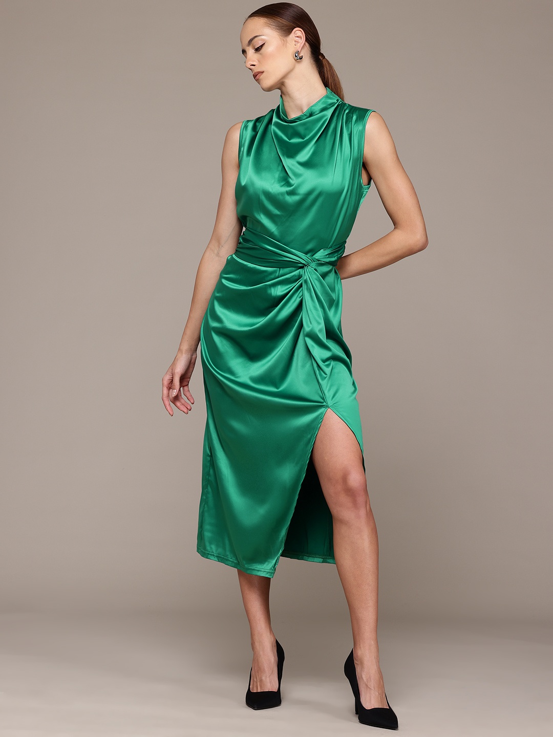 

bebe Future Glam Tie-Up Satin Finish Slit Midi Sheath Dress, Green