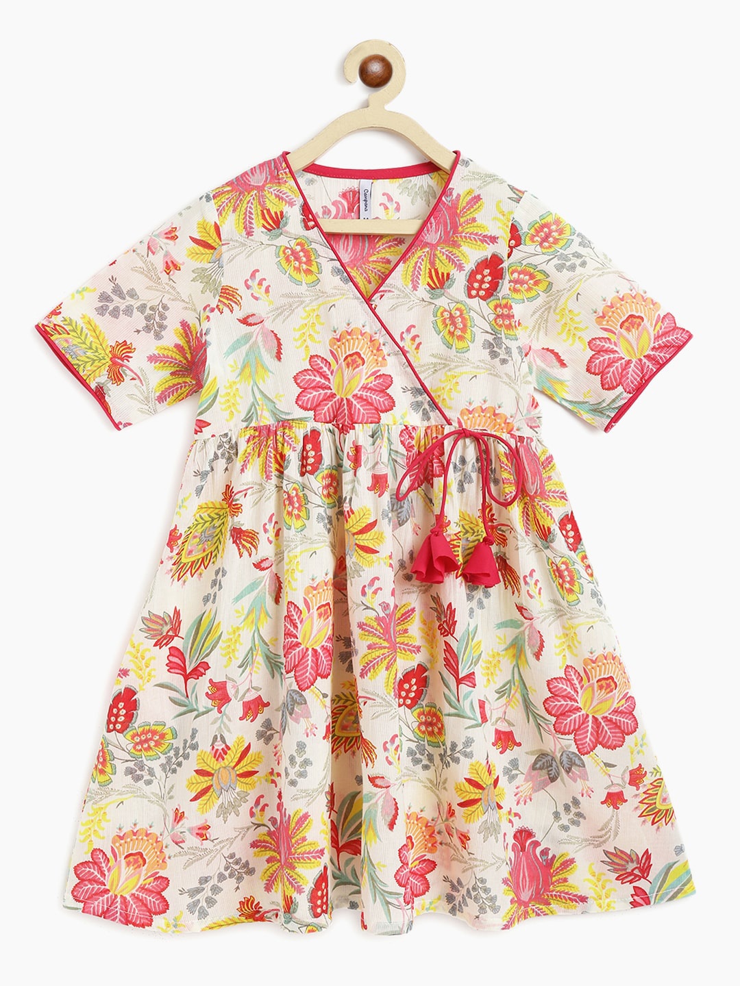 Campana Girls Floral Printed V-Neck Flared Cotton Anarkali Kurta, White