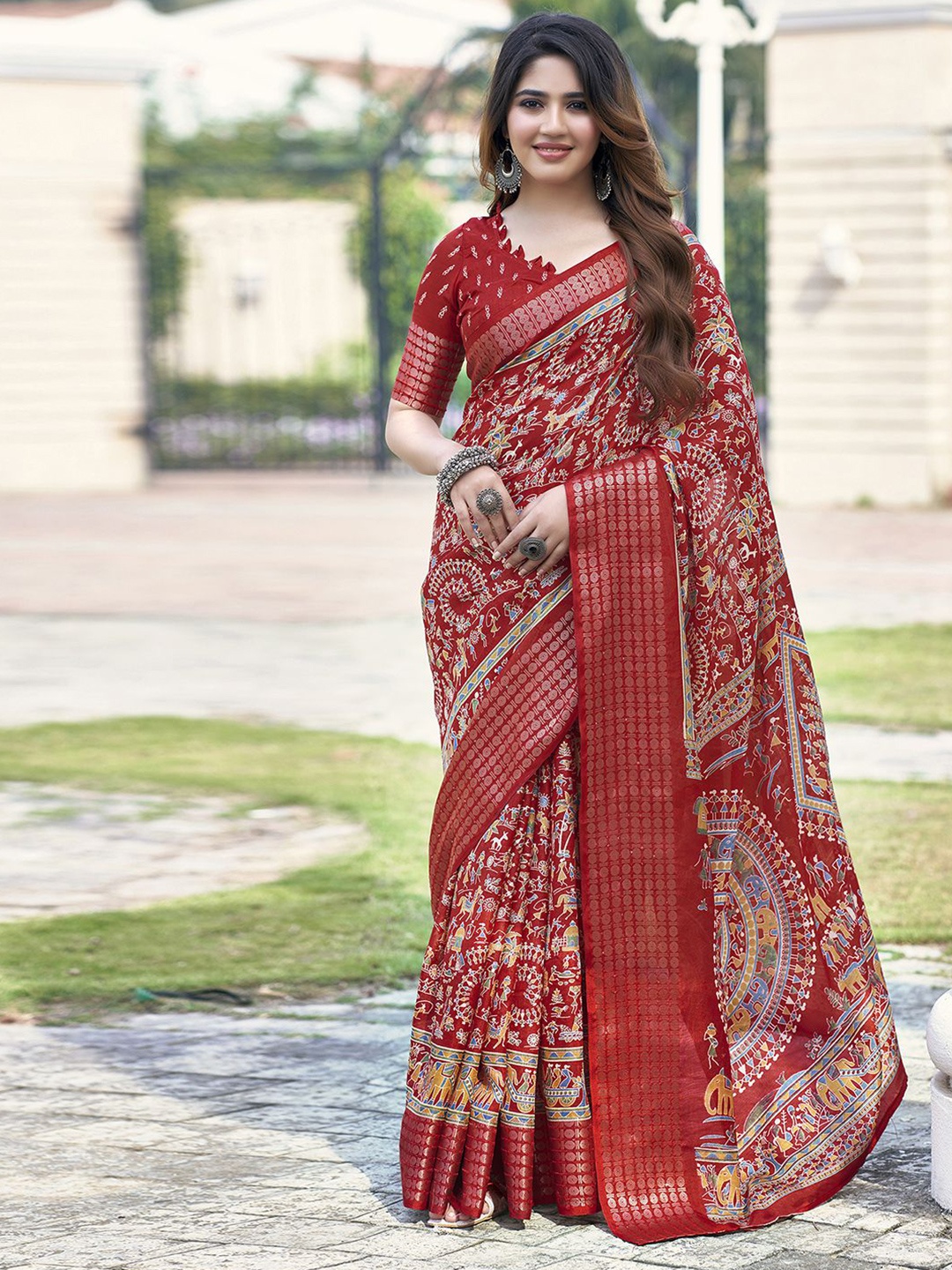 

Mitera Warli Sequinned Art Silk Banarasi Saree, Red