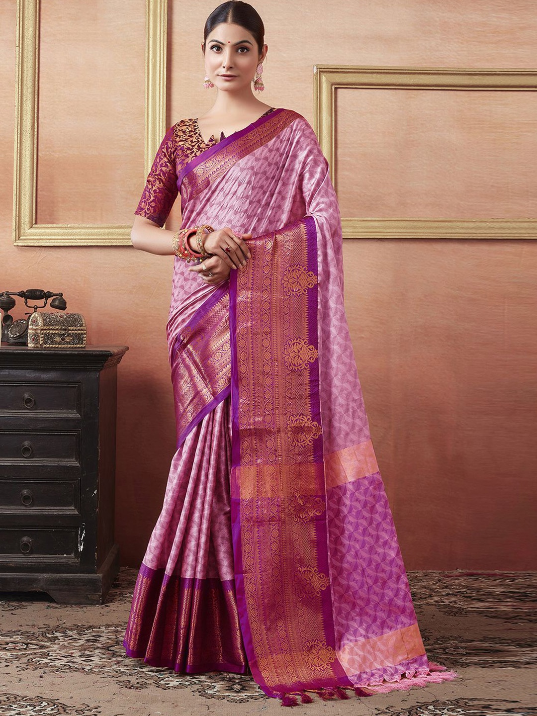 

Mitera Woven Design Zari Silk Blend Bhagalpuri Saree, Peach