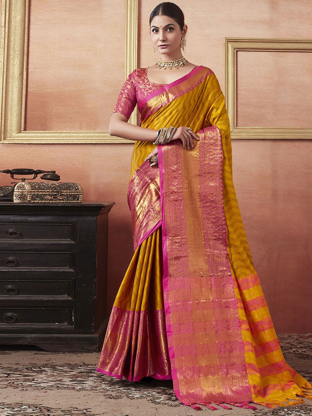 

Mitera Woven Design Zari Silk Blend Leheriya Saree, Yellow