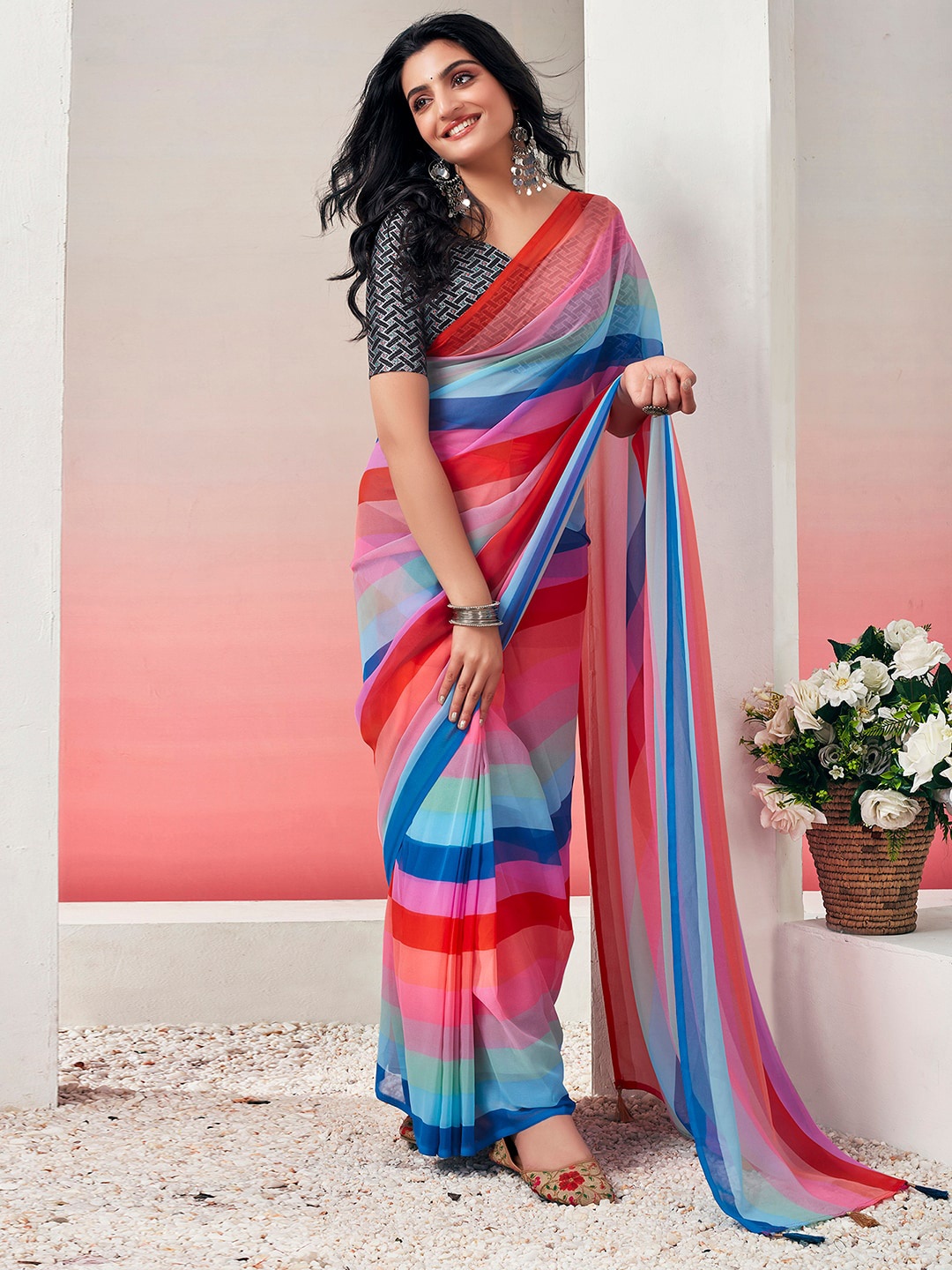 

Mitera Striped Poly Georgette Ready to Wear Leheriya Saree, Blue