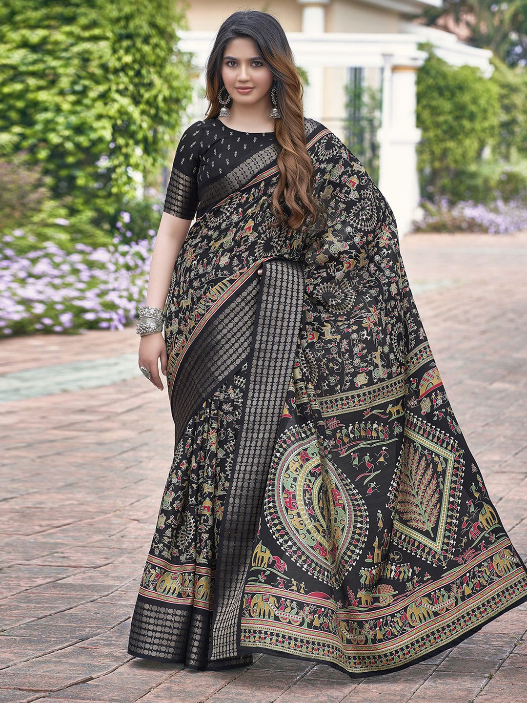 

Mitera Warli Printed Banarasi Saree, Black