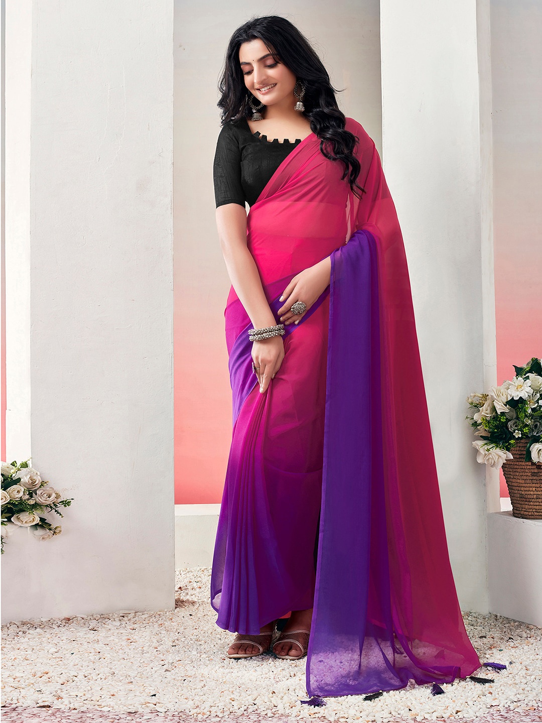 

Mitera Ombre Arani Saree Ready To Wear With Tassels, Pink