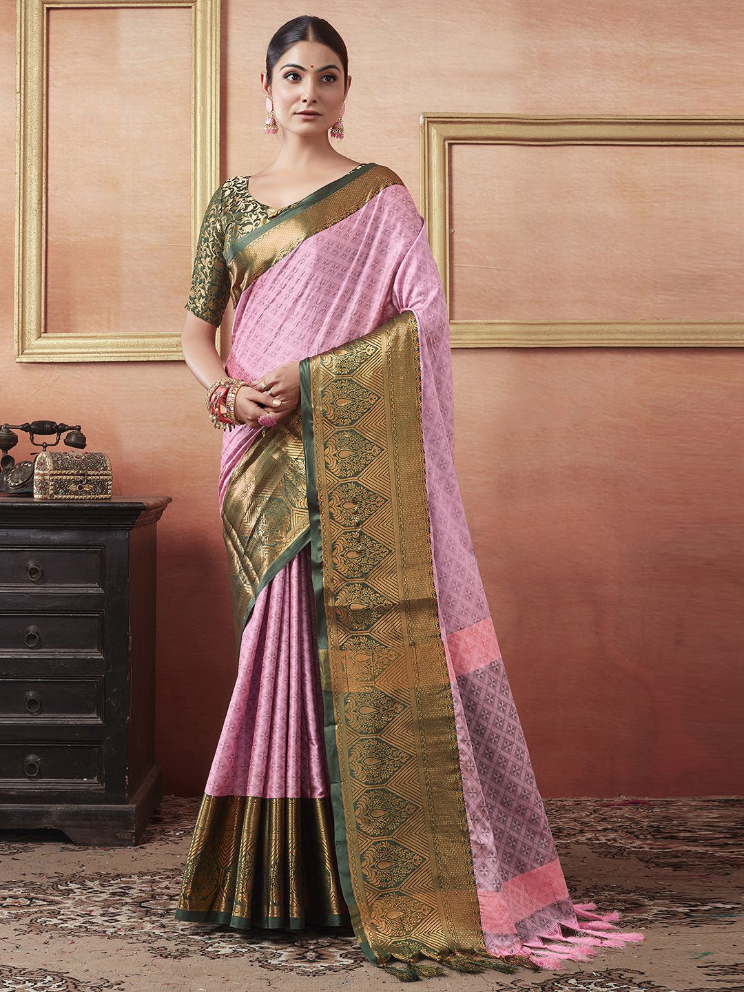 

Mitera Woven Design Zari Bhagalpuri Saree With Tassels, Pink