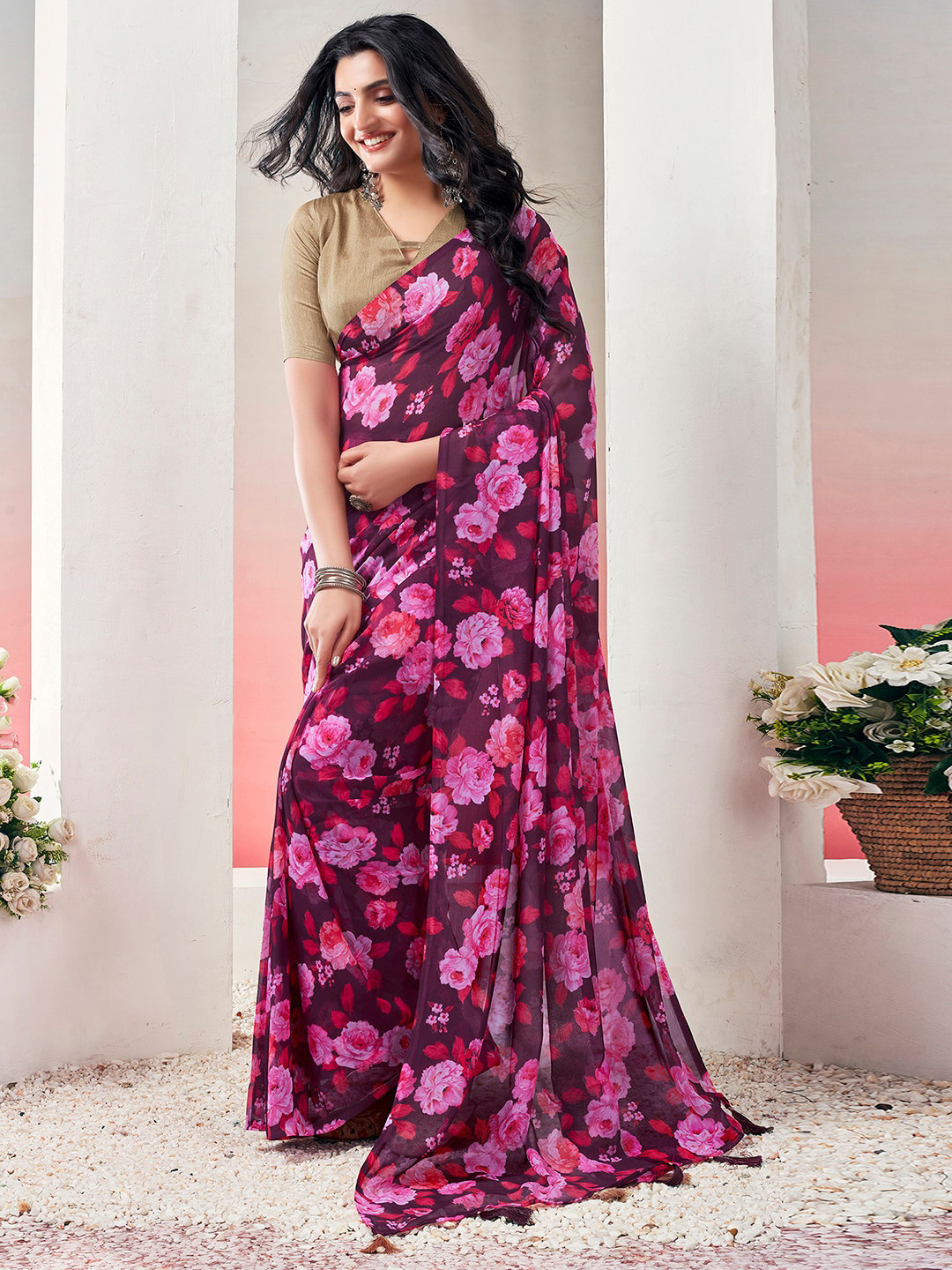 

Mitera Floral Printed Ready to Wear Arani Saree, Purple
