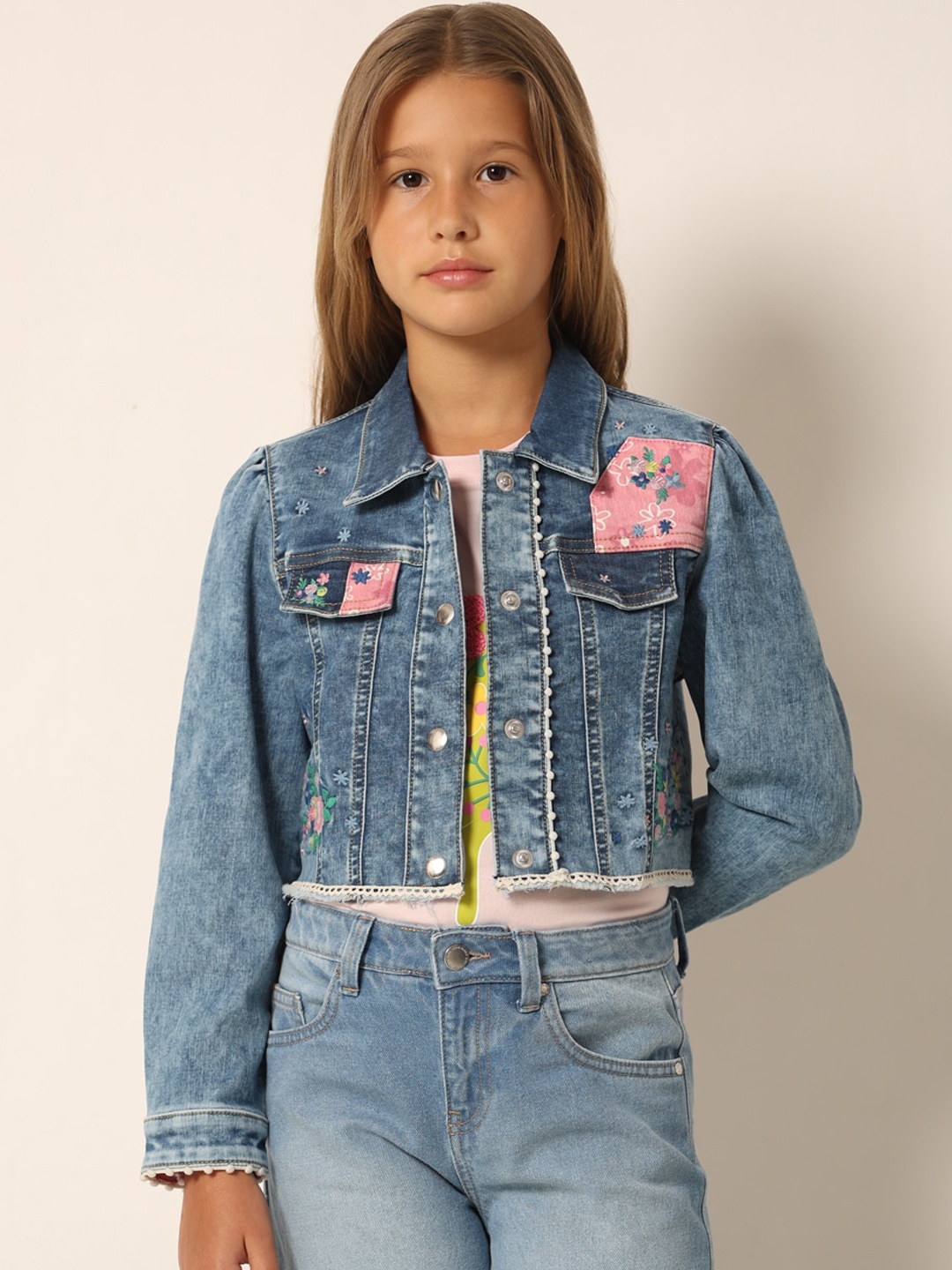 

Vero Moda Girls Floral Embroidered Pure Cotton Crop Denim Jacket, Blue