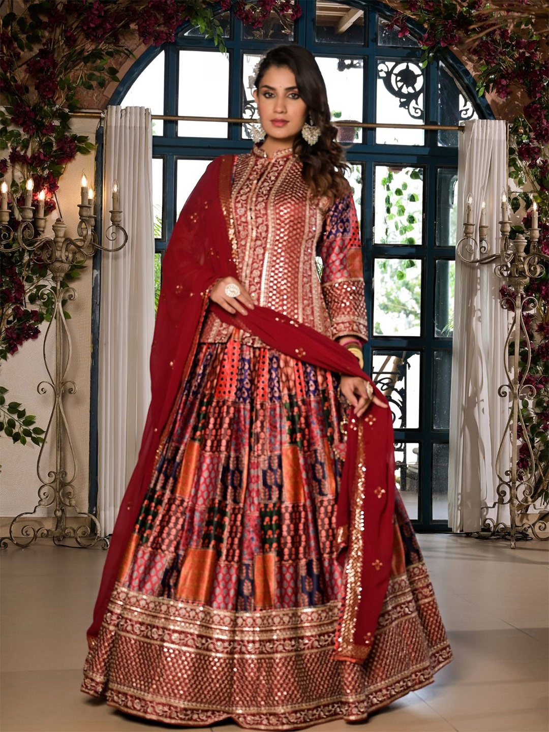 

ODETTE Embroidered Sequinned Ready to Wear Lehenga & Blouse With Dupatta, Maroon