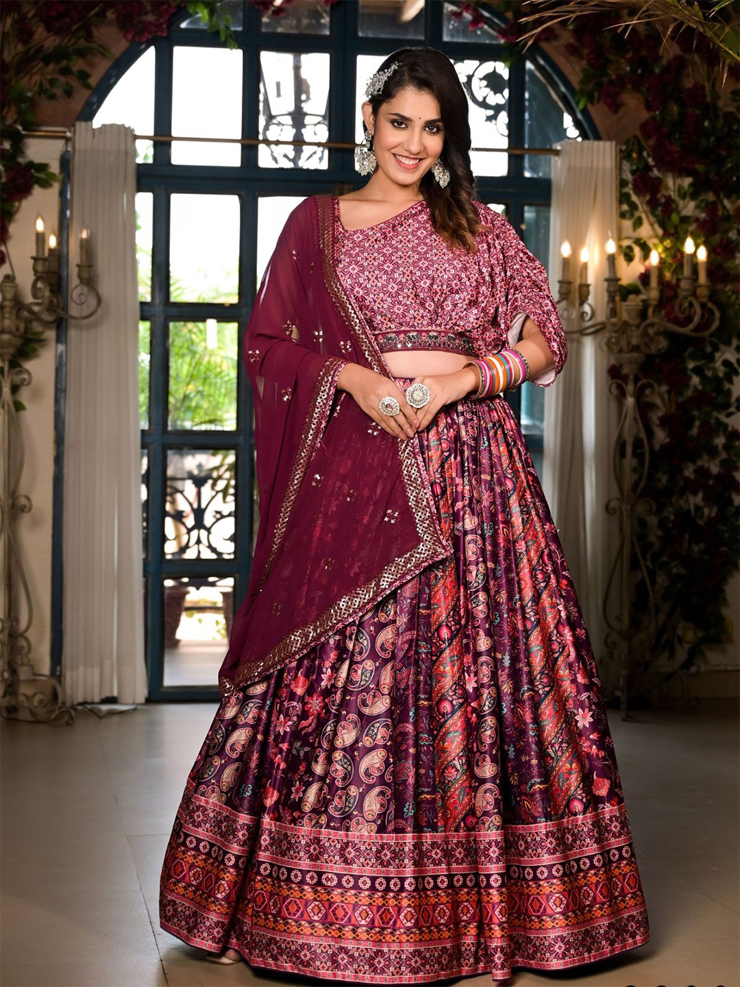 

ODETTE Printed Mirror Work Ready to Wear Lehenga & Blouse With Dupatta, Red