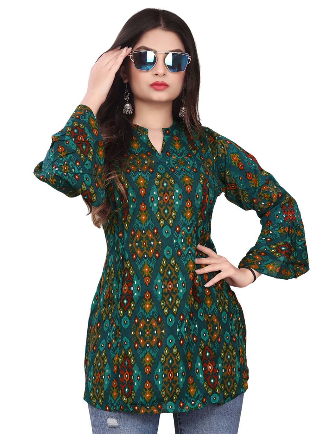

PRANSHUL APPARELS Floral Print Mandarin Collar Flared Sleeve Top, Turquoise blue