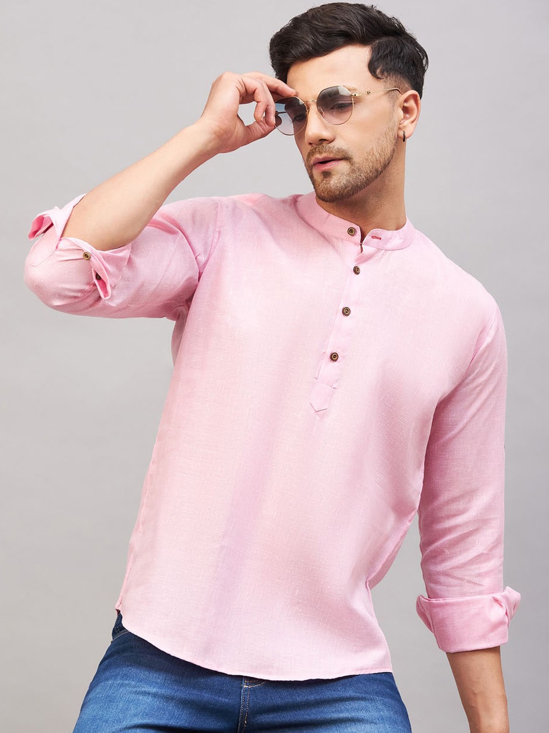 

VASTRAMAY Mandarin Collar Roll-Up Sleeves Cotton Pathani Kurta, Pink