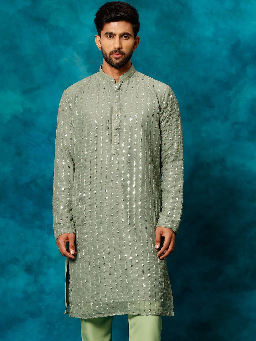 

VASTRAMAY Striped Embellished Sequins Georgette Kurta, Green