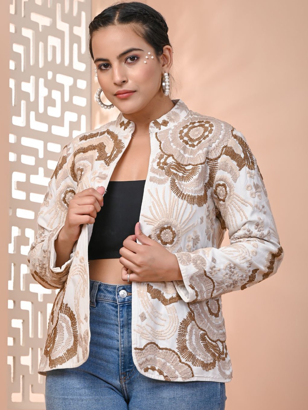 

Zolo Label Floral Embroidered Mandarin Collar Cotton Open Front Jacket, White
