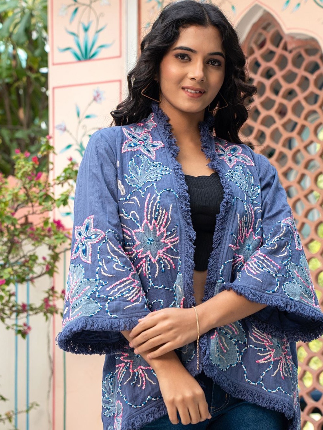 

Zolo Label Floral Embroidered Longline Cotton Open Front Jacket, Blue