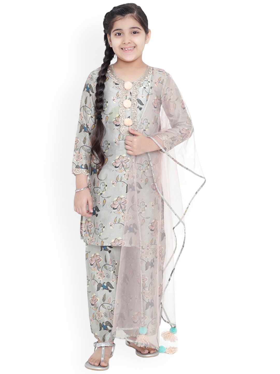 

PS KIDS BY PAYAL SINGHAL Girls Ethnic Motifs Printed Regular Pure Cotton Kurta with Palazzos & With Dupatta, Grey