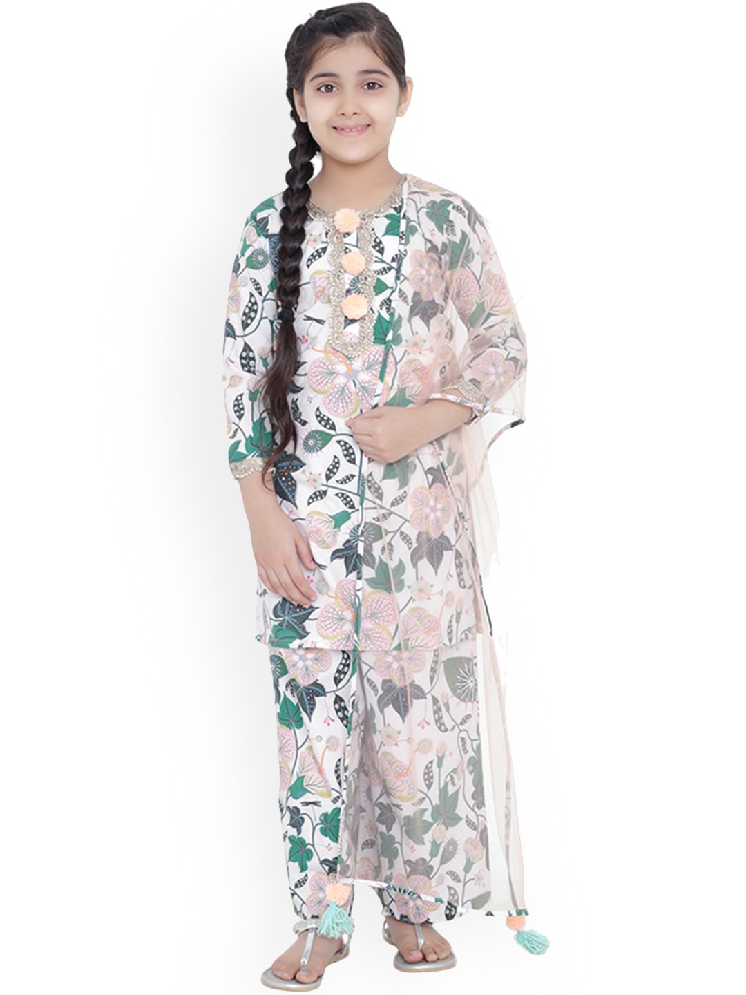 

PS KIDS BY PAYAL SINGHAL Girls Ethnic Motifs Printed Regular Pure Cotton Kurta with Palazzos & With Dupatta, White