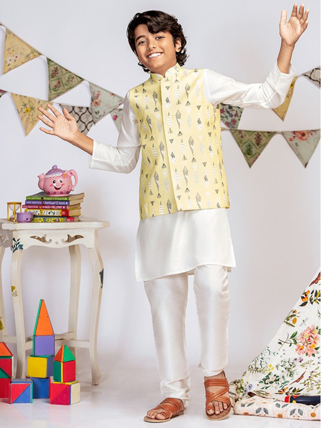 

PS KIDS BY PAYAL SINGHAL Boys Regular Chanderi Silk Kurta with Churidar, Yellow