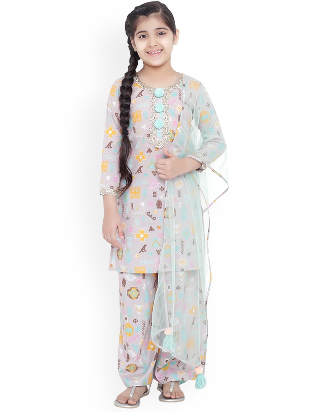 

PS KIDS BY PAYAL SINGHAL Girls Ethnic Motifs Printed Regular Pure Cotton Kurta with Palazzos & With Dupatta, Lavender