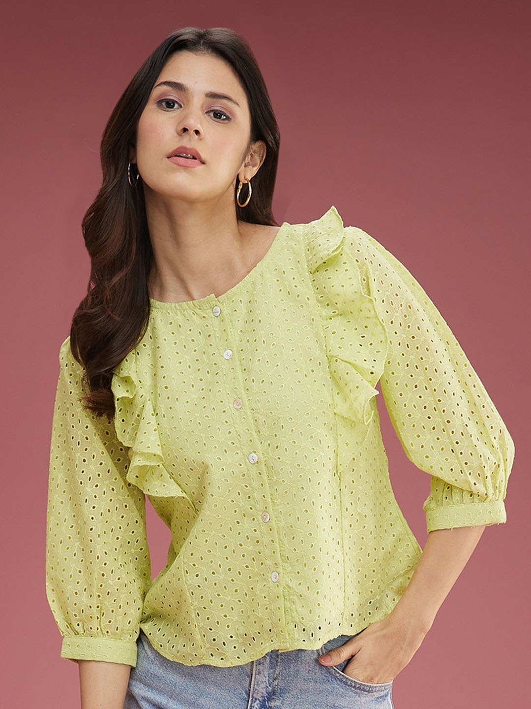 

DressBerry Classic Schiffli Self Design Ruffled Casual Pure Cotton Shirt, Lime green