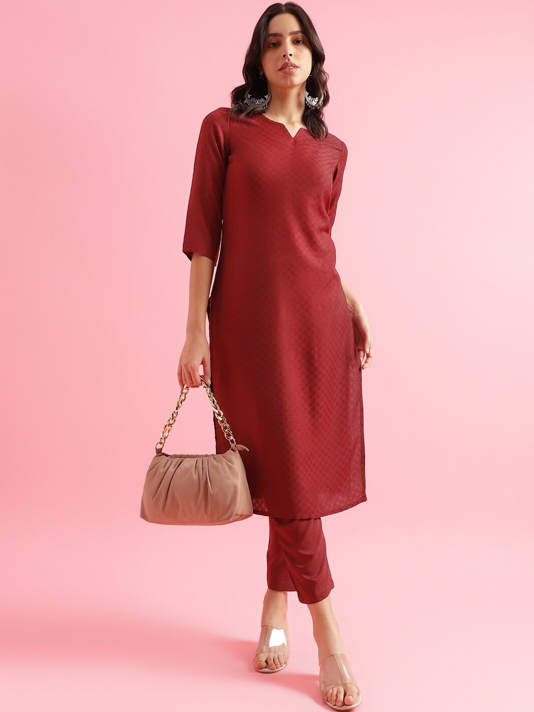 

KALINI Women Regular Kurta with Trousers, Maroon