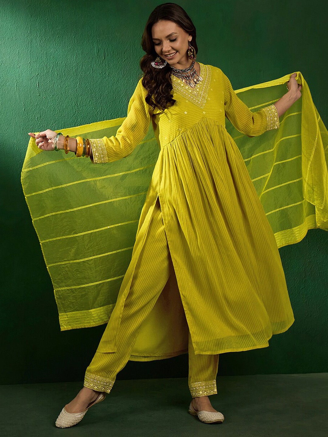

Sangria Embroidered A-Line Kurta With Trouser & Dupatta, Mustard