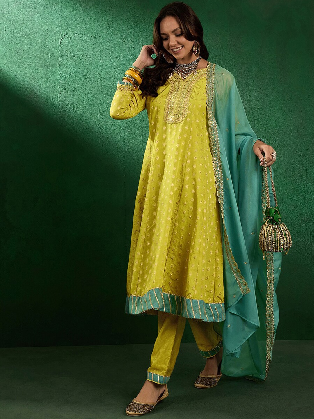 

Sangria Embroidered A-Line Kurta With Trouser & Dupatta, Mustard