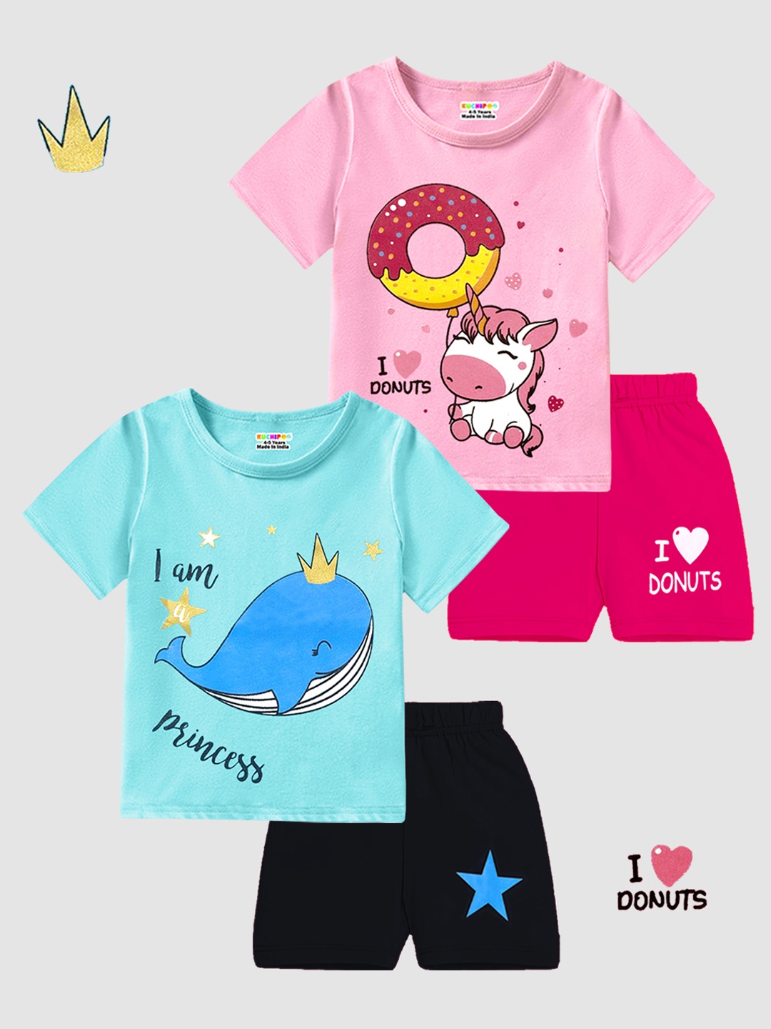 

KUCHIPOO Girls Pack Of 2 Printed T-shirt With Shorts, Blue