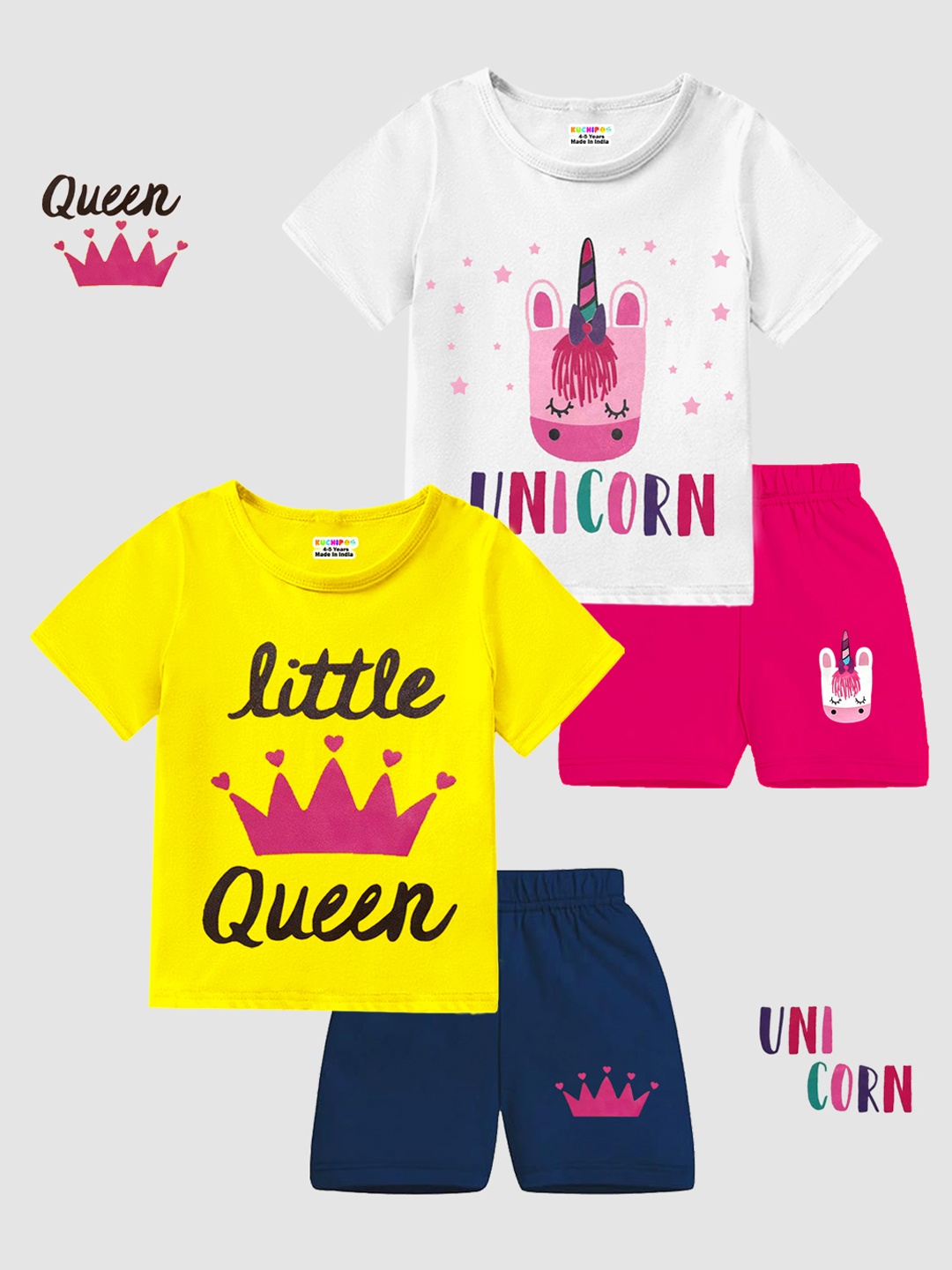 

KUCHIPOO Girls Printed Regular Fit T-shirt with Shorts, Yellow