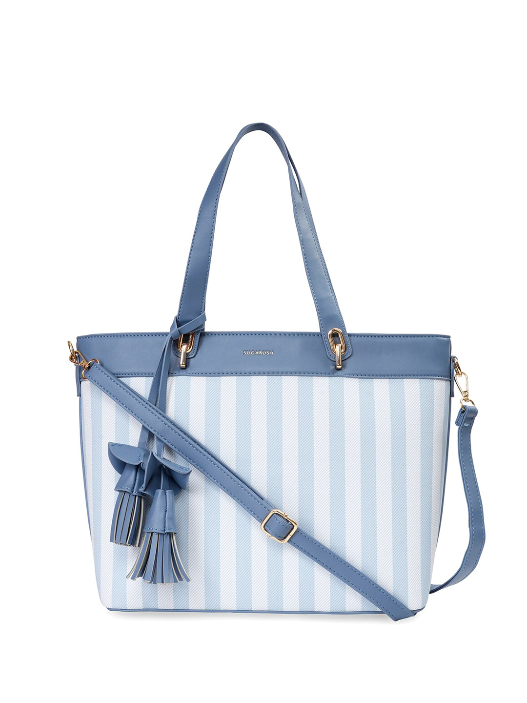 

Sugarush Striped PU Oversized Structured Shoulder Bag with Tasselled, Blue