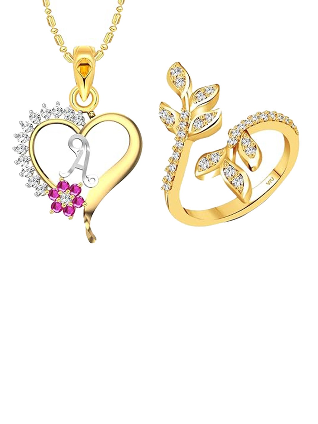 

Vighnaharta Gold-Plated CZ-Studded Pendant With Chain & Finger Ring Jewellery Set