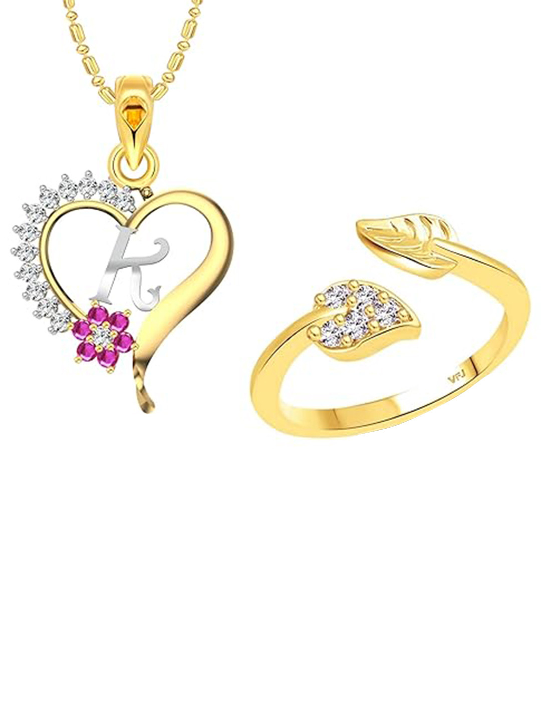 

Vighnaharta Gold-Plated CZ-Studded Pendant With Chain & Finger Ring Jewellery Set